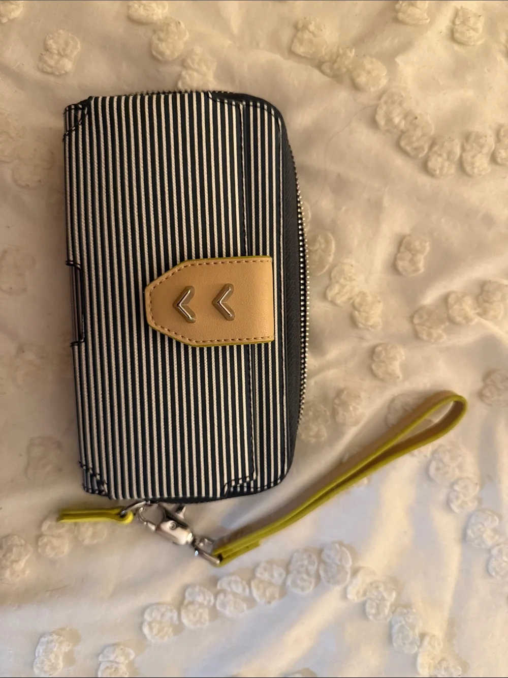 Striped Navy & White Wristlet Phone Case with Tan & Lime Accent